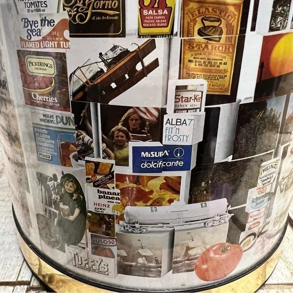 Vintage Retro Advertising Collage Ice Bucket Gold Tone Barware Mid Century
